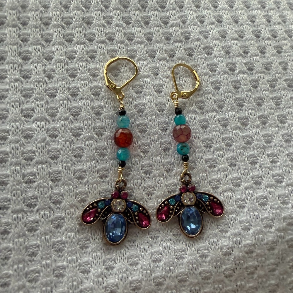 Dragon Laced Agate and Beetle Dangle Earrings